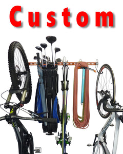 custom storage rack with mountain bike, golf clubs, skis, climbing gear and road bike