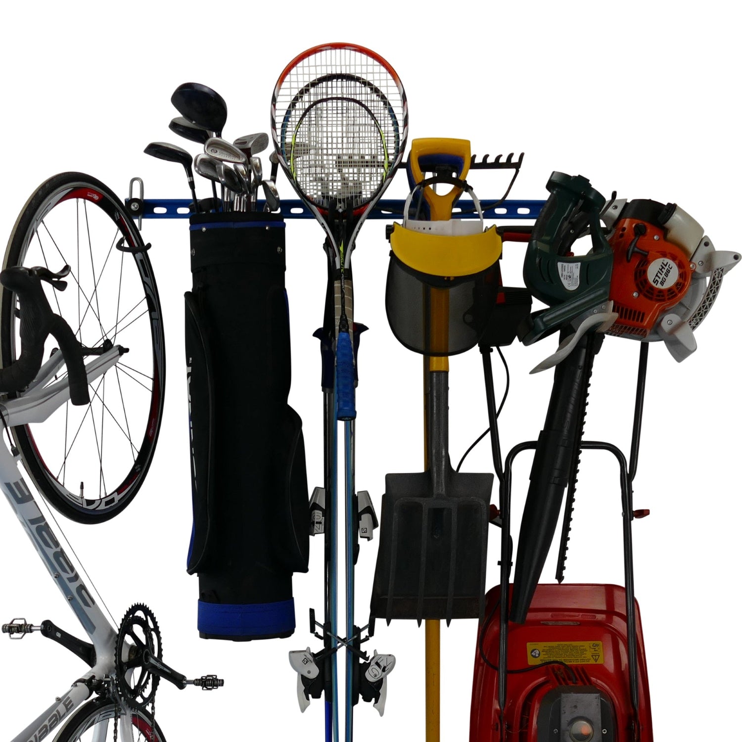 Garage wall rack for garden tools and sports equipment
