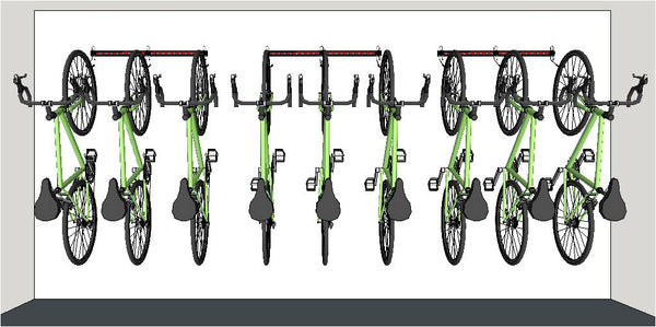 Wall mounted bike rack. Illustration of 3 x 1M rails fitted in a line. Wall mounting bike storage racks for road bikes mounted off the floor giving a clear floor for easy cleaning. 