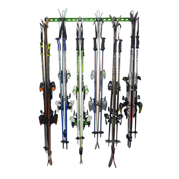 Ski wall mount. Wall Ski Rack and Ski Hanger for up to 6 pairs of skis. GearHooks ski rack with 6 pairs of skis and poles. Staggered bindings.
