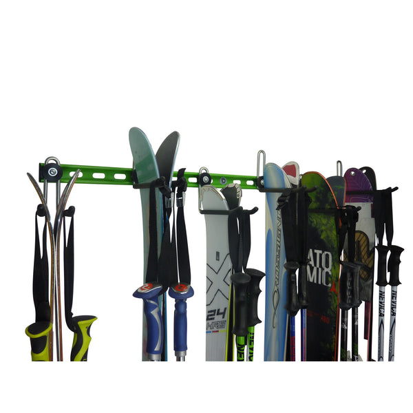 Ski wall mount. Wall Ski Rack and Ski Hanger for up to 6 pairs of skis. GearHooks ski rack with 6 pairs of skis and poles closeup.