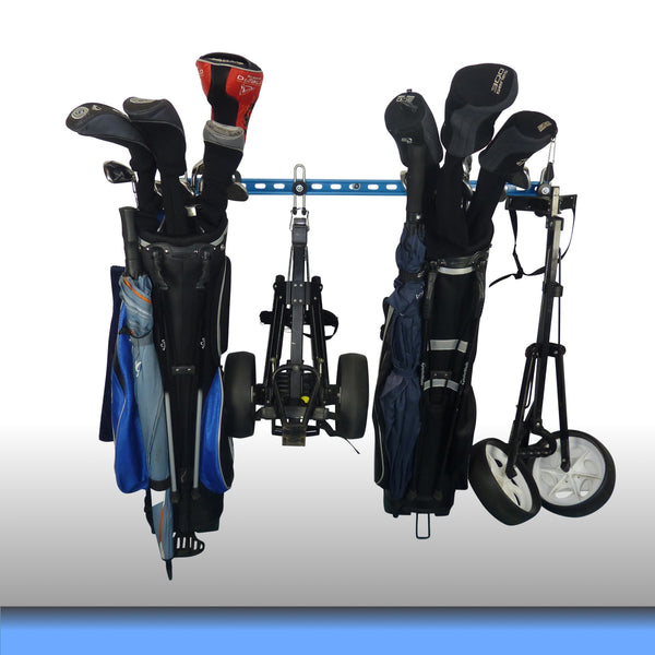 Golf bag storage rack with 2 full golf bags and 2 trolleys