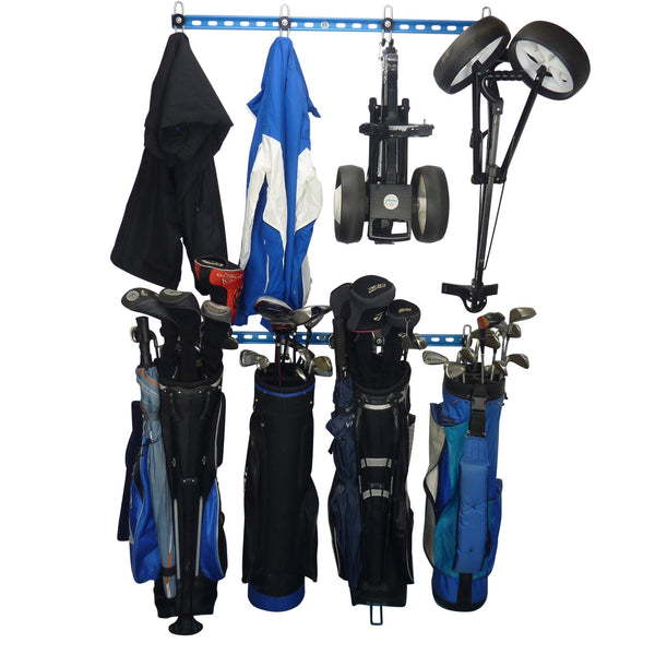 Two Golf bag storage racks with 4 full golf bags and a second rack with clothing and trollys