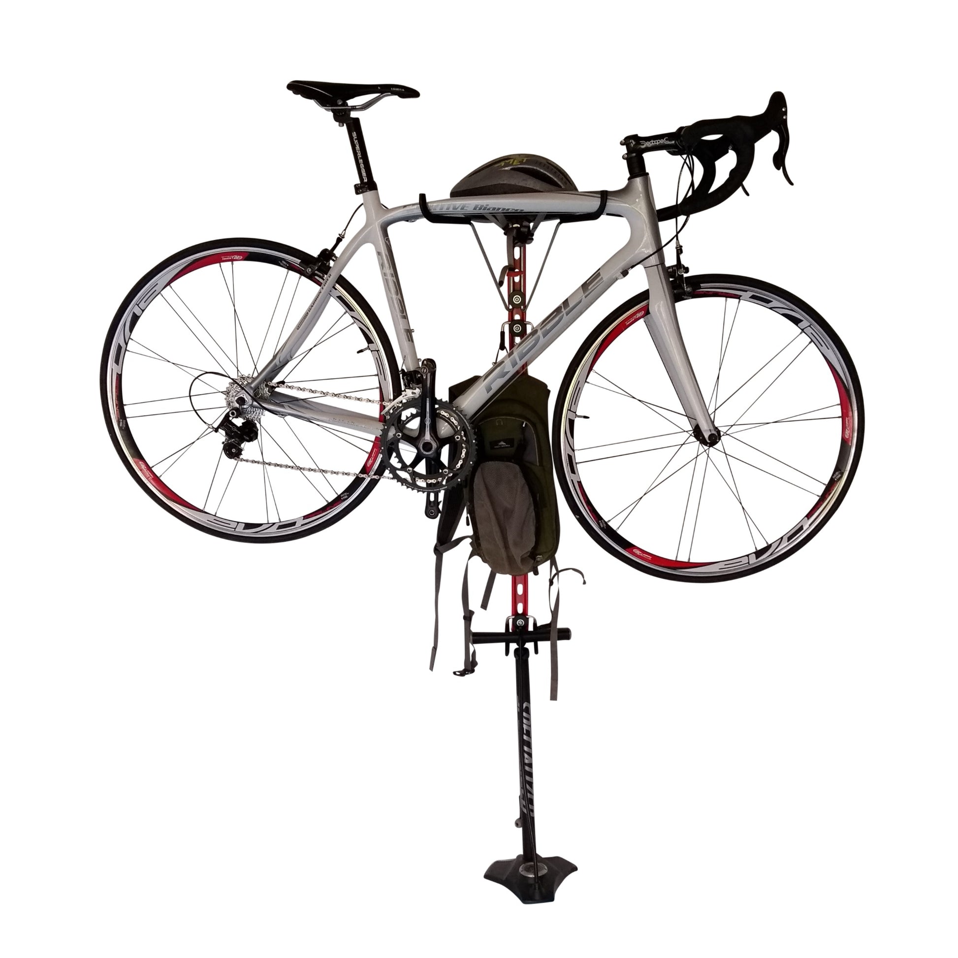 Horizontal folding bike wall brackets, gear storage and work stand for road bikes