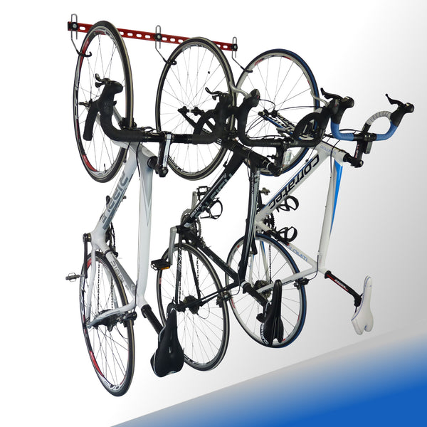 Wall bike rack with 3 road bikes