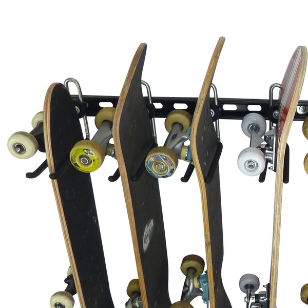 close up of skateboard storage rack for 8 skateboards