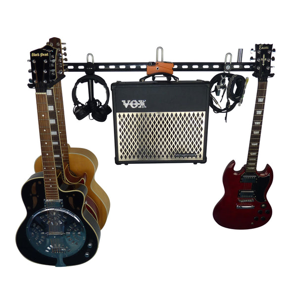 Guitar wall mount - wall mounting guitar racks. Electric guitar and acoustic guitar wall storage rail with 3 guitar storage hooks with 4 guitars, amplifier and leads