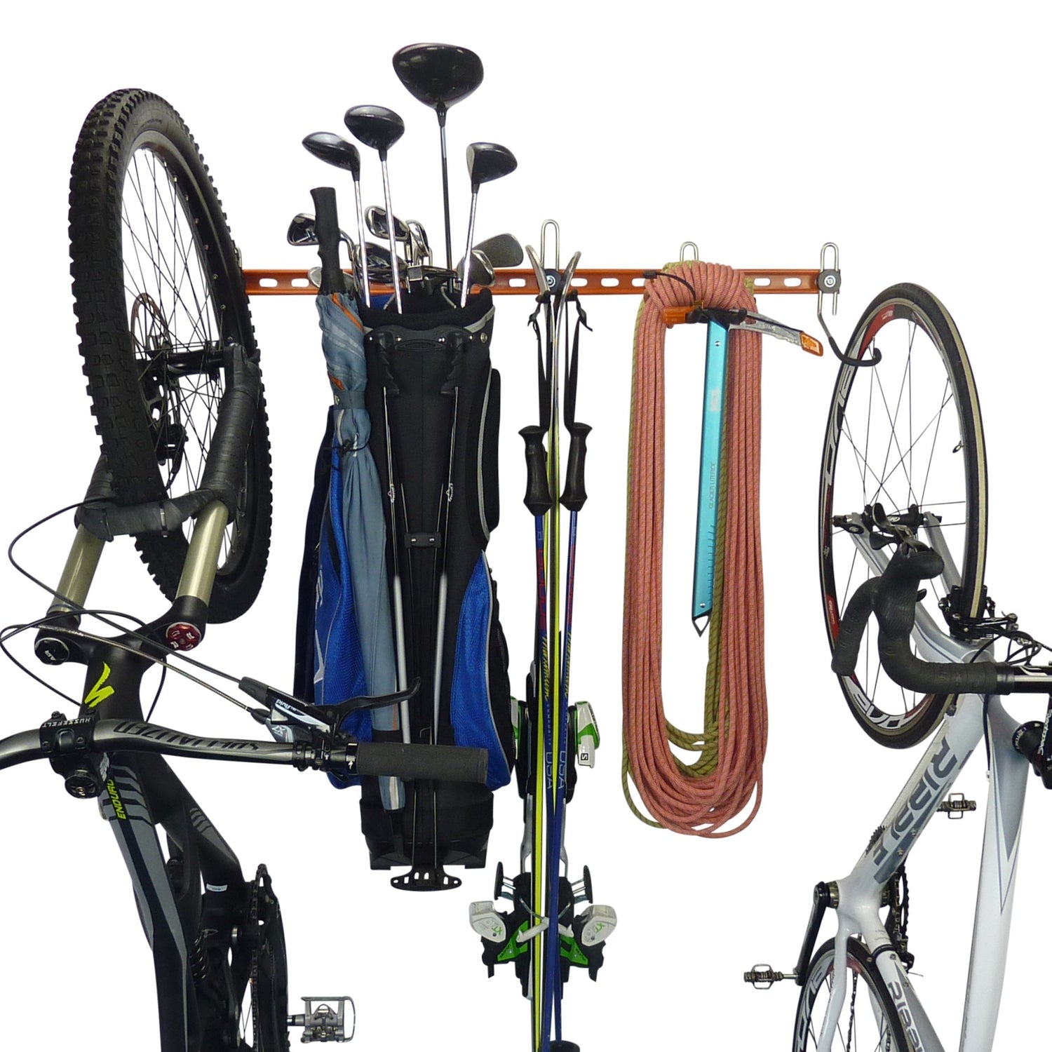 custom storage rack with mountain bike, golf clubs, skis, climbing gear and road bike