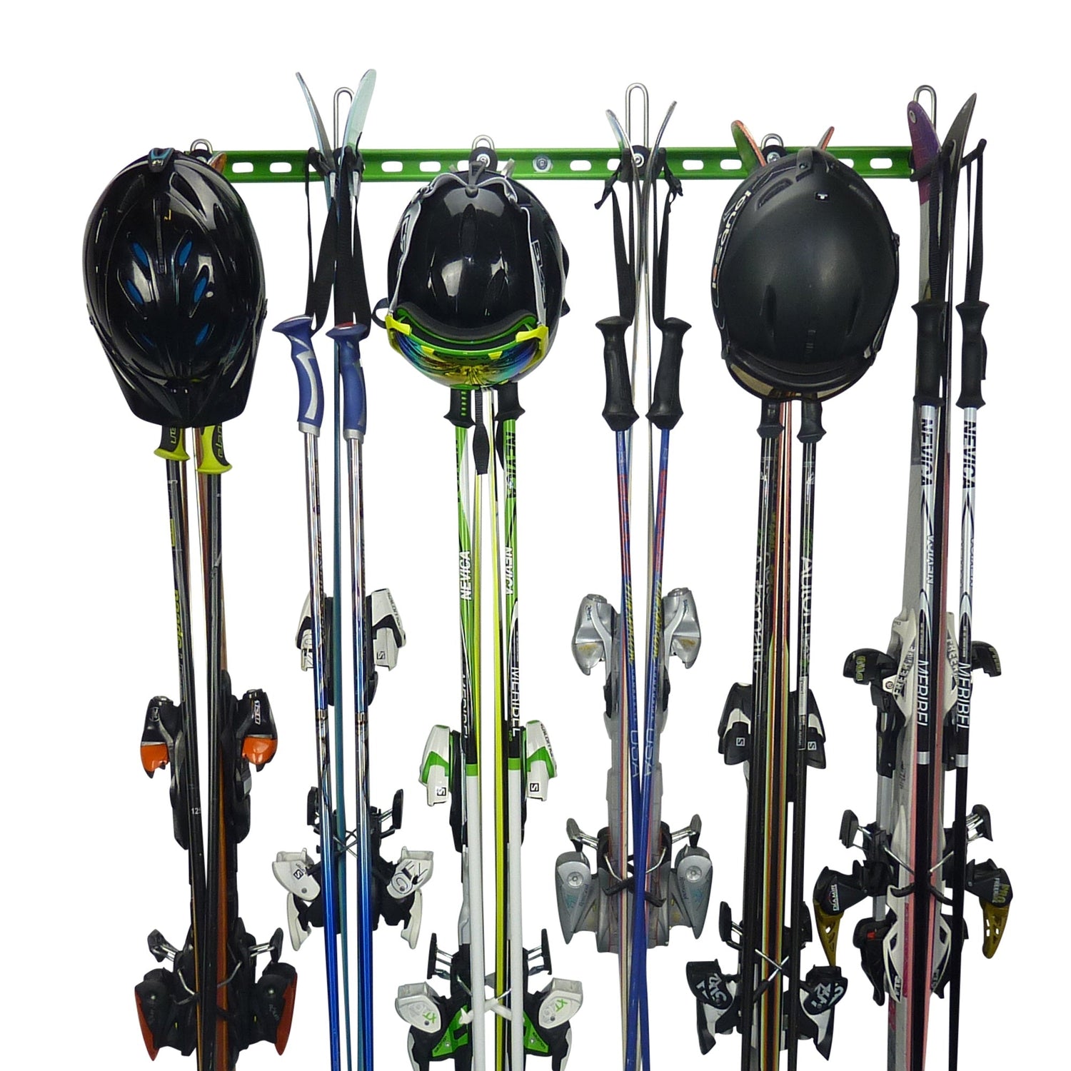 ski rack with 6 pairs of skis, poles and helmets