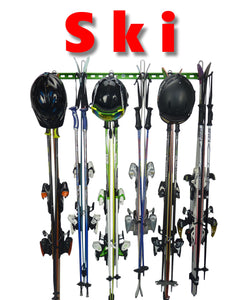 ski rack with 6 pairs of skis, poles and helmets