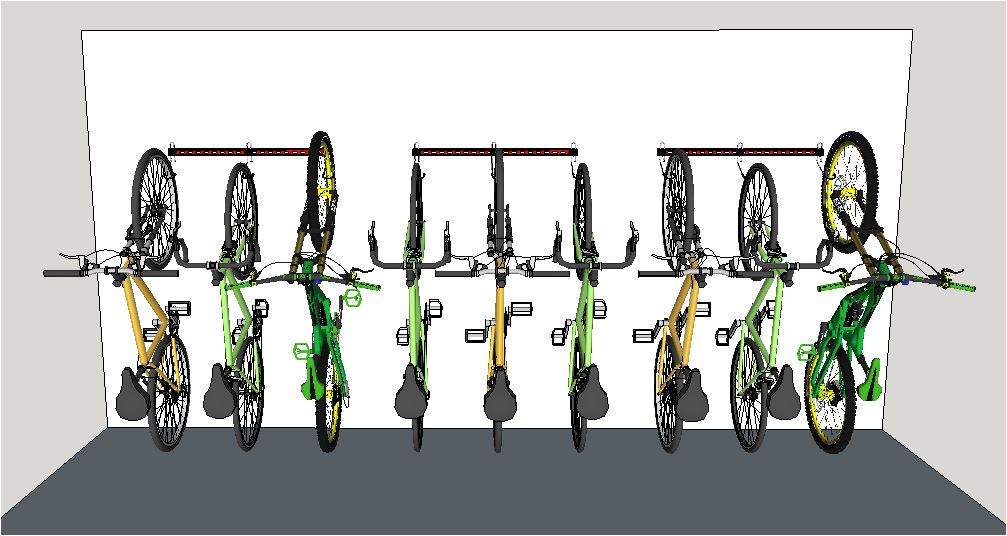 Garage bike storage for 5 bikes - Illustration of 3 x 1M rails fitted in a line. Wall mounting bike storage racks for road bikes, mountain bikes. Rear wheels on the floor.