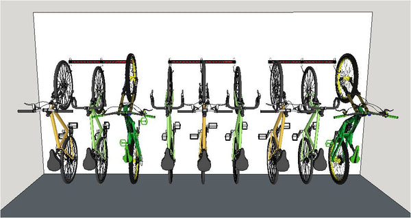 Garage bike storage for 5 bikes - Illustration of 3 x 1M rails fitted in a line. Wall mounting bike storage racks for road bikes, mountain bikes. Rear wheels on the floor.