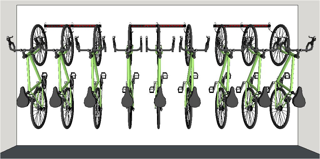 Garage bike storage for 5 bikes - Illustration of 3 x 1M rails fitted in a line. Wall mounting bike storage racks for road bikes mounted off the floor giving a clear floor for easy cleaning. 