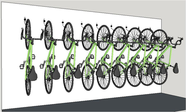 Bike wall hangers in a row showing wall mounted bike hooks for several bikes