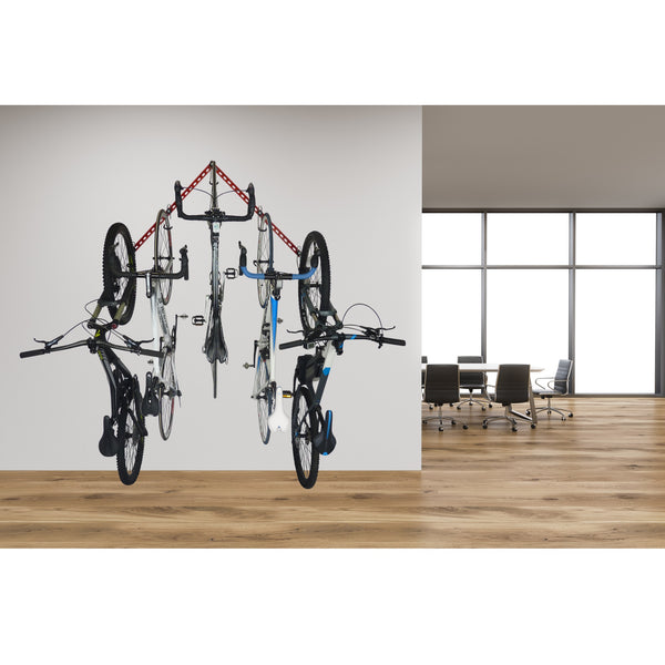 vertical bike storage on an office wall