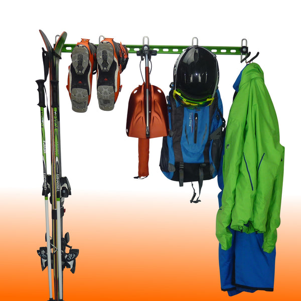 Ski wall mount. Wall Ski Rack and Ski Hanger for up to 6 pairs of skis. GearHooks ski rack with 1 pair of skis and poles, 1 pair of ski boots, avalanche transceiver, probes and shovel, rucksack, helmet and clothes.