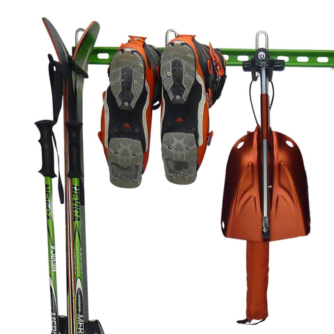 Ski storage hooks, ski boot storage hooks, transceiver, shovel and probe storage hooks