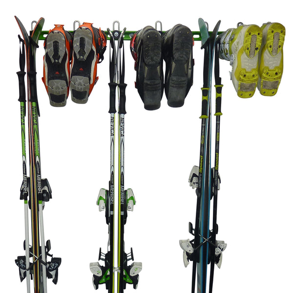 Ski wall mount. Wall Ski Rack and Ski Hanger for up to 6 pairs of skis. GearHooks ski rack with 3 pairs of skis and poles and 3 pairs of ski boots.