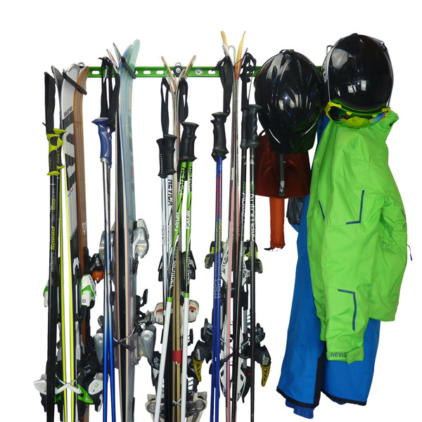 Ski wall rack and snowboard wall storage - ski rack for 2/4/6/8/10 or 12 pairs of skis and poles with ski jacket, salopettes and helmet