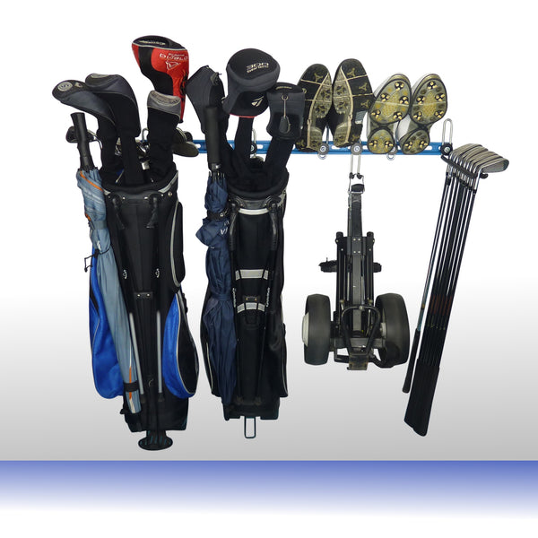 Golf bag storage rack with 2 full golf bags, trolley, shoes and golf club storage hooks