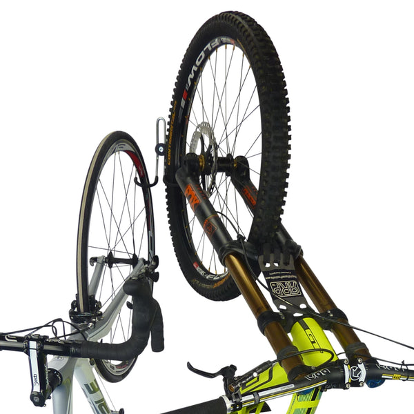 Bike wall hook for 2 bikes with 1 road bike and 1 downhill bike