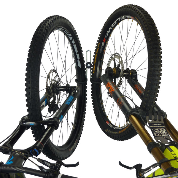 Bike wall hook for 2 bikes with 1 mountain bike and 1 downhill bike