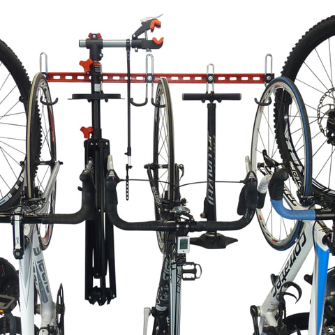Bike Wall Hooks with space for additional GearHooks for trackpump, maintenance stand, helmets, clothing, tools and spares