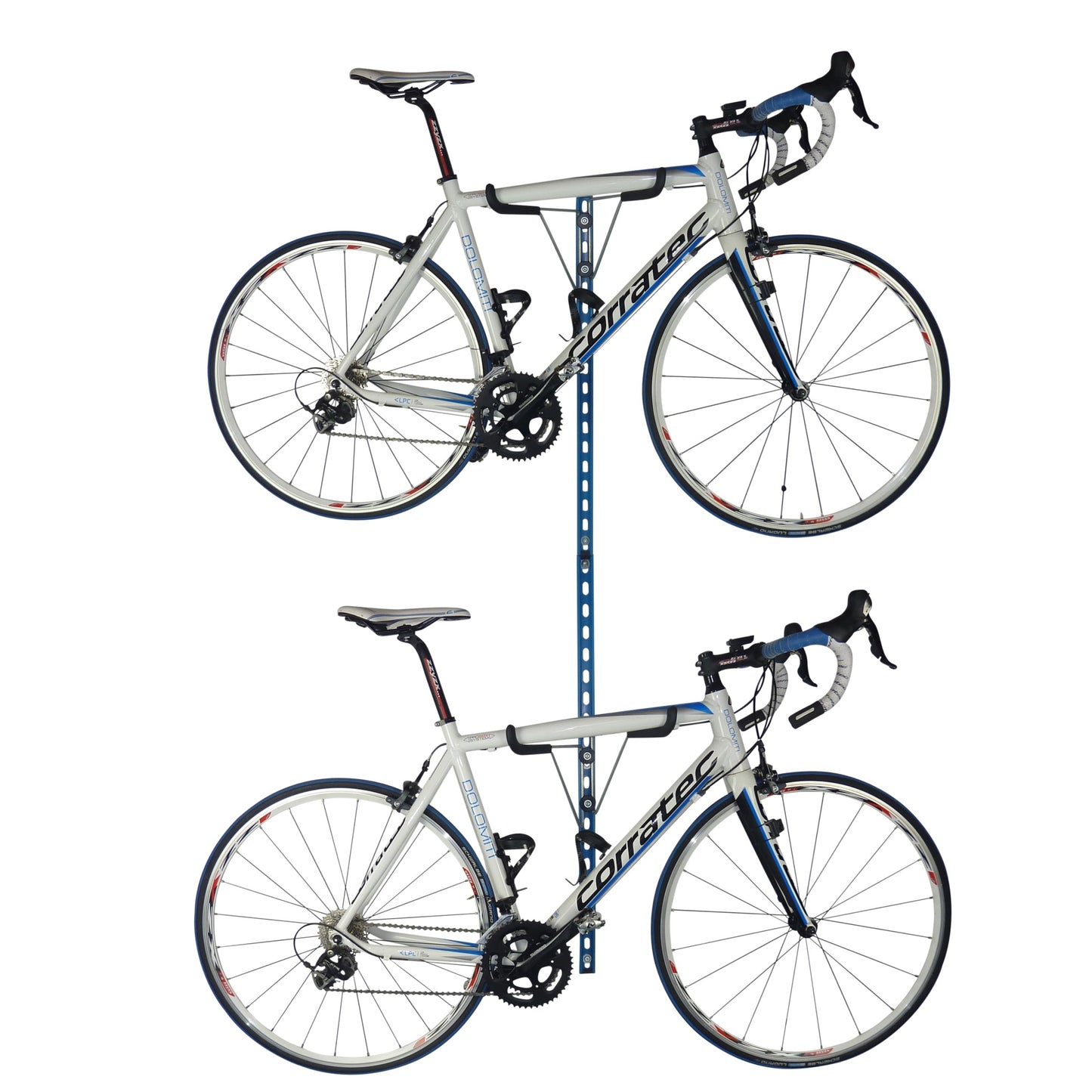 Horizontal folding bike wall brackets, gear storage and work stand for road bikes