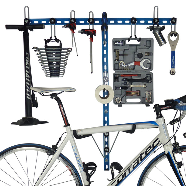 Horizontal folding bike hooks, work stand and double gear storage.