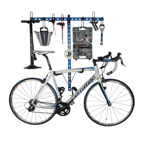 Horizontal folding bike hooks, work stand and double gear storage.