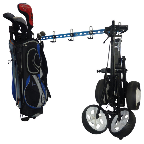 Golf bag storage rack with full golf bag and trolley