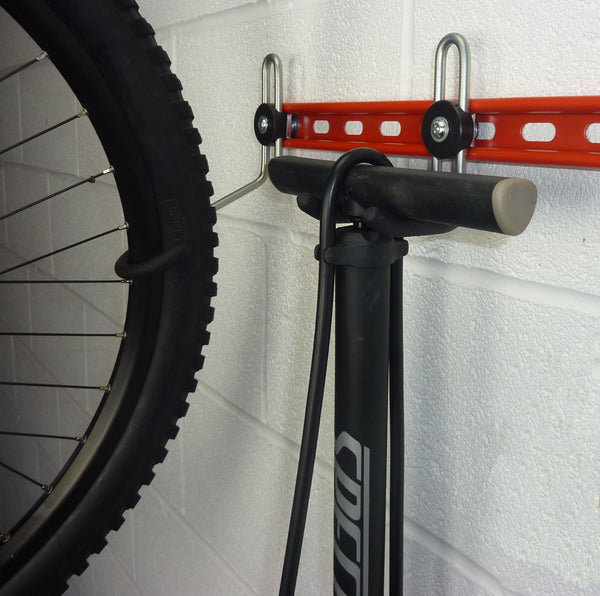 Bike Wall Hooks. GearHooks bike accessory storage hooks. DP60/100 Track Pump storage hook
