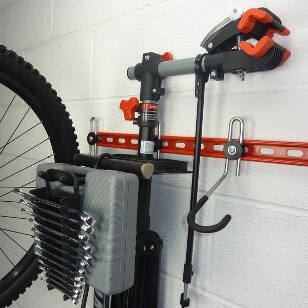Bike Wall Hooks. GearHooks bike accessory storage hooks. DP60/300 storage hook with Bike maintenance stand, track pump, tool box and spanner rack