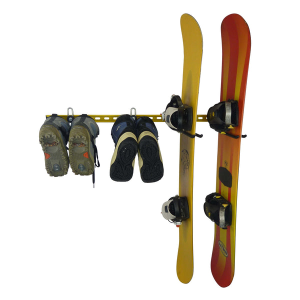 Snowboard wall rack. Snowboard equipment organiser with wall mounting rack for snowboards and snowboard boots