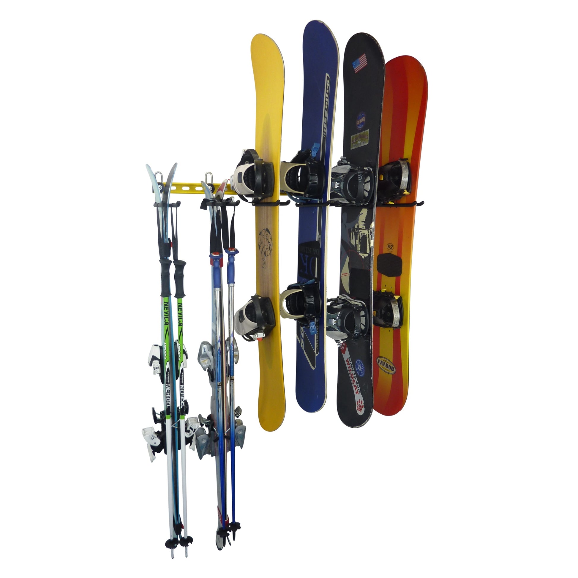 Ski wall rack and snowboard wall storage