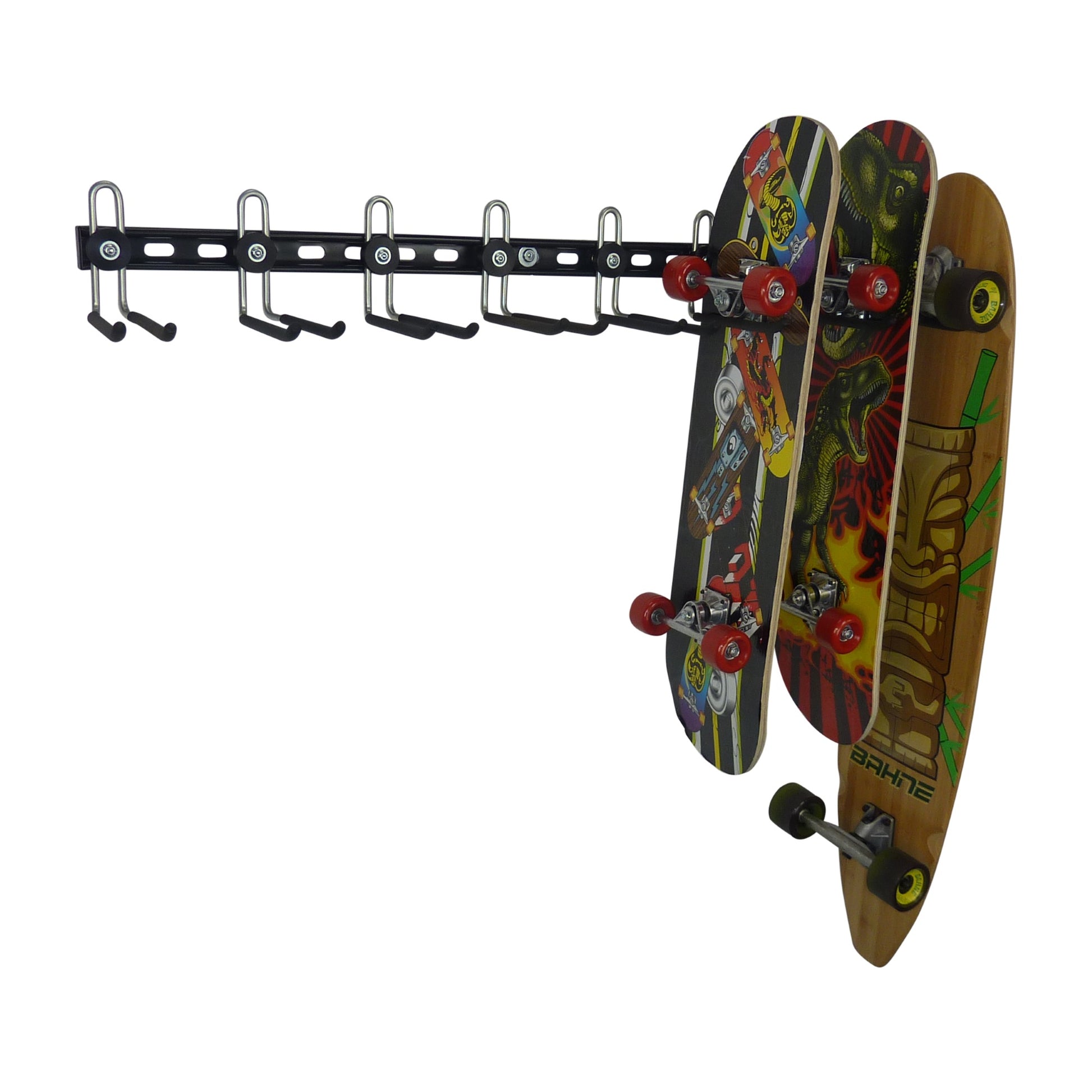 skateboard storage rack for 8 skateboards with 3 shown