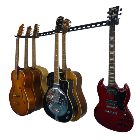 Guitar wall mount - wall mounting guitar racks. Guitar wall mount with 6 guitars. 4 acoustic guitars, 1 electro-acoustic and 1 electric guitar