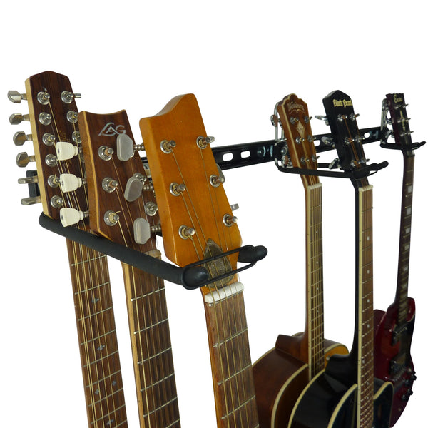 Guitar wall mount - wall mounting guitar racks. Guitar wall storage rail with close up of 3 guitar storage hooks for 6 guitars