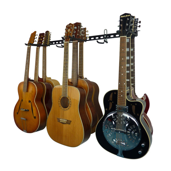 Guitar wall mount - wall mounting guitar racks. Guitar wall storage rail with 3 guitar storage hooks for 9 guitars and extra GearHooks for leads or other instruments