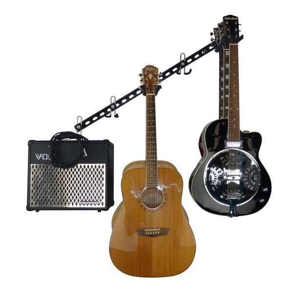 Guitar wall mount - wall mounting guitar racks. Guitar wall storage rail with 3 guitar storage hooks for up to 6 guitars and an amplifier and leads