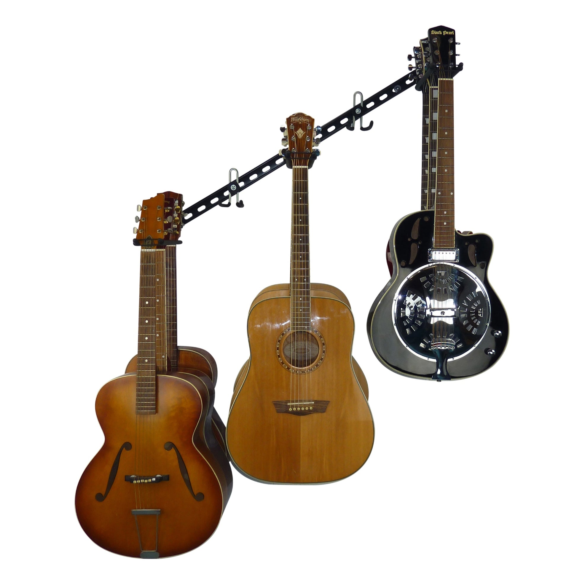 Guitar wall mount - wall mounting guitar racks. Guitar wall storage rail with 3 guitar storage hooks for 9 guitars and extra GearHooks for leads or other instruments mounted at 45 degrees