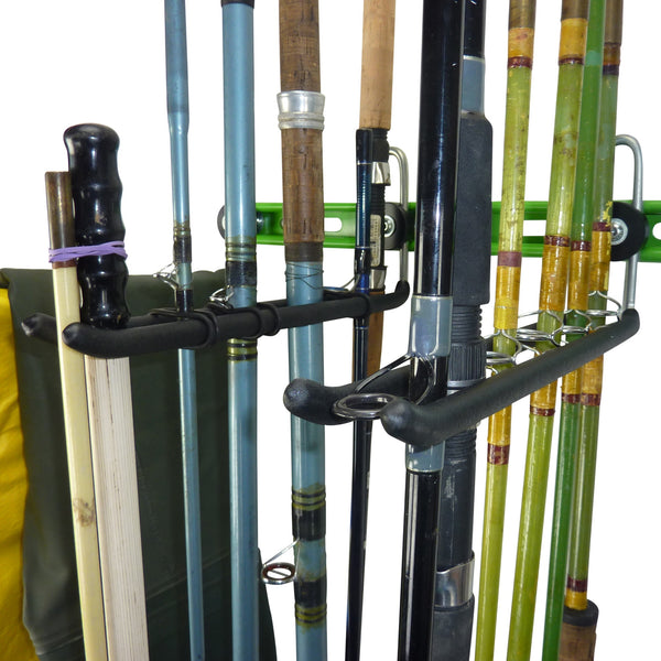 Fishing tackle wall storage showing a close up of the fishing rod storage hooks