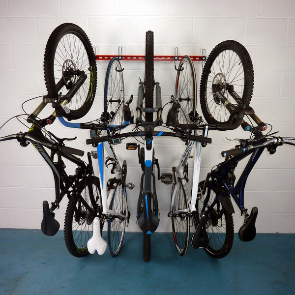 Bike wall rack for 3, 4 or 5 bikes. Vertical bike rack, wall mounting bike rack with 5 bikes including 3 MTB and two road bikes
