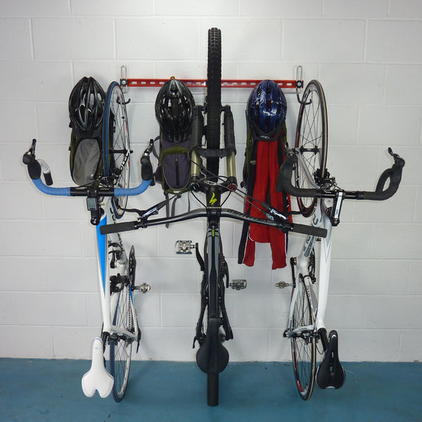 Garage bike rack for 3 bikes and 3 sets of backpacks, coats and helmets