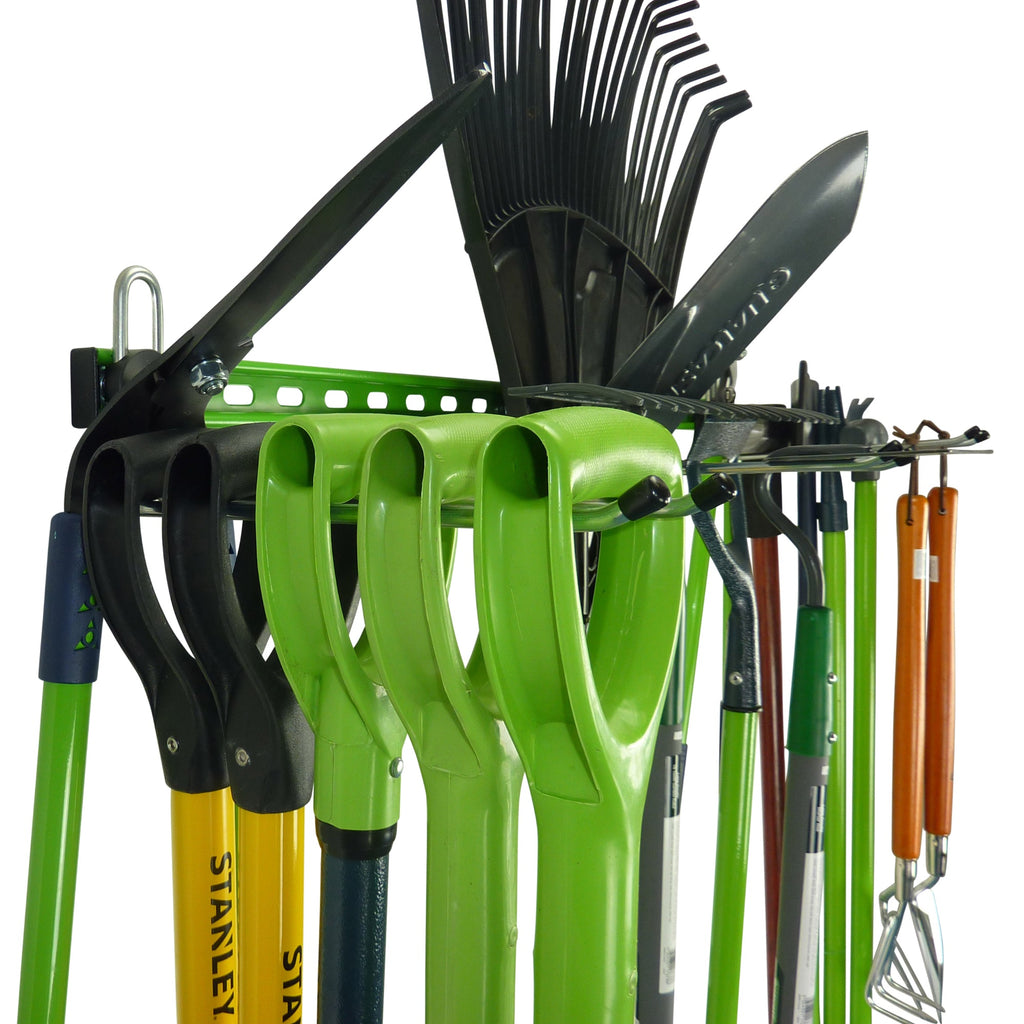 Garden tool storage for sheds and garages with 5 hooks for 30+ tools