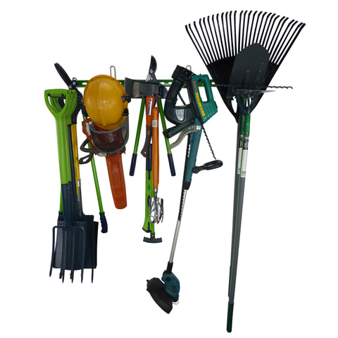 Garden tool storage for 25+ tools holding spades, shovels, fork, lawn edger, hoe, shears, petrol chainsaw, strimmer and electric hedge trimmer