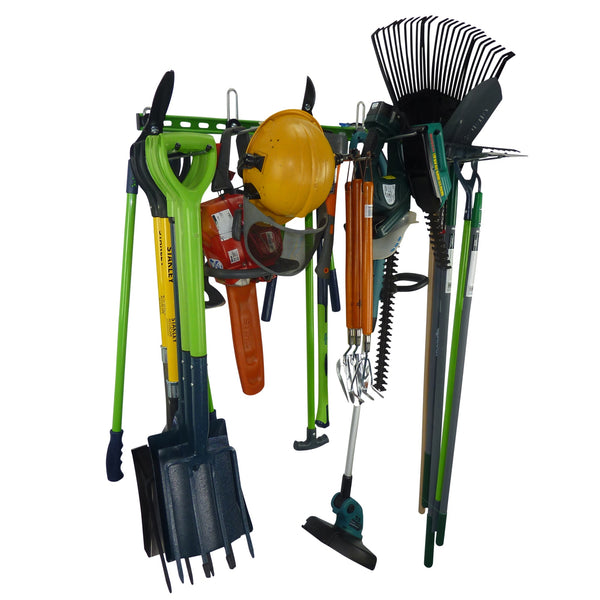 garden tool storage for 25+ tools holding spades, shovels, fork, lawn edger, hoe, shears, petrol chainsaw, strimmer and electric hedge trimmer