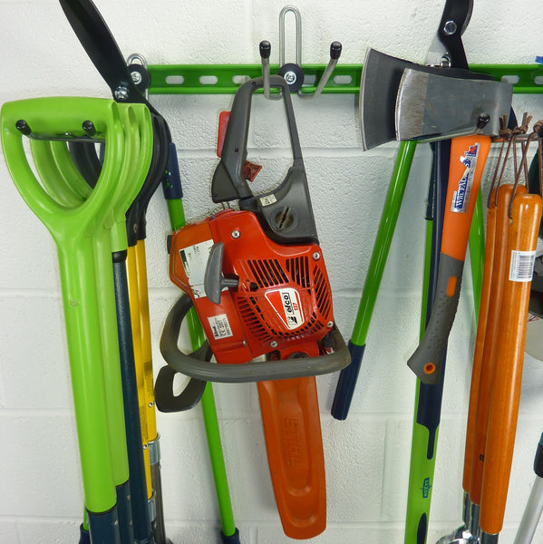 Garden tool rack for 25+ tools holding spades, shovels, fork, lawn edger, hoe, shears, petrol chainsaw, axes