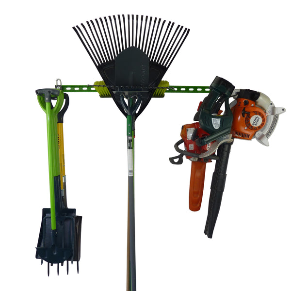 Garden tool rack for sheds and garages. Garden tool rack for 15 or more tools with spades, forks, rakes, chain saw, leaf blower and hedge trimmer