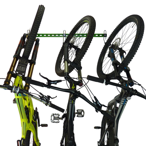 Wall bike rack for 3 mountain bikes with angled front wheels
